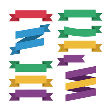 Collection of colorful flat ribbon banners with curved waves and swallowtail folds isolated on white background. Graphic design elements concept