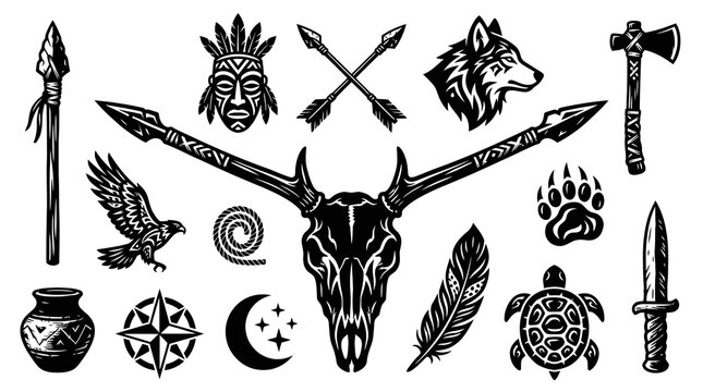 Native American Tribal Symbols and Indigenous Artifacts Set. Monochrome Vintage Line Art Vector Illustration
