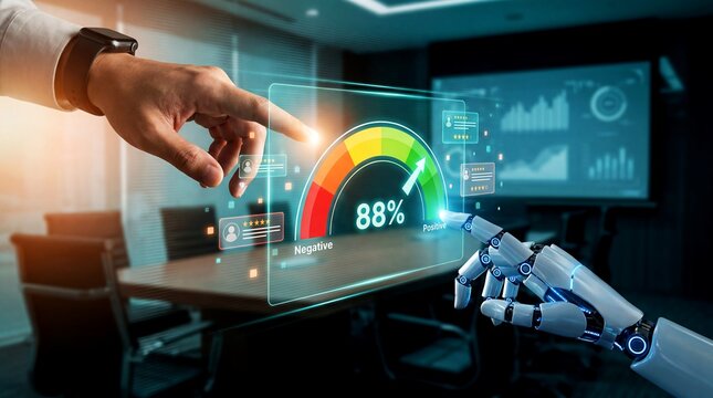 Human hand and robotic hand interacting with a digital gauge interface showing 88 percent performance