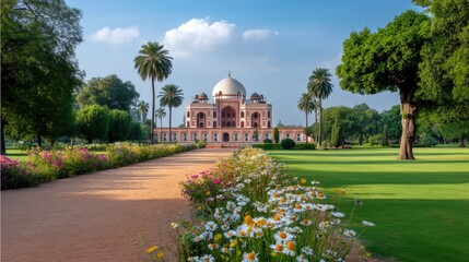 Obraz premium Scenic view of a historic monument surrounded by lush gardens and vibrant flowers under a blue sky