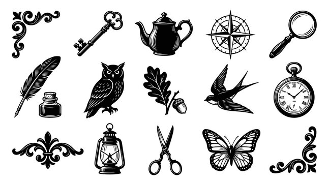 Black and White Vintage Icons: Owl, Feather, Key, Kettle, Compass, Magnifying Glass, Clock, Butterfly, Scissors, Lantern, Acorn, Swallows, Ornate Corners