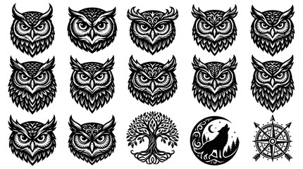 Obraz premium Black and White Line Art Collection of Owl Heads and Nature Symbols