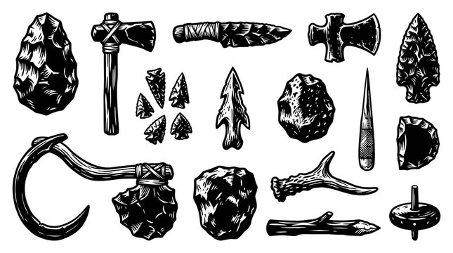 Prehistoric Stone Age Tools  Primitive Weapons Black and White Engraving Style Set