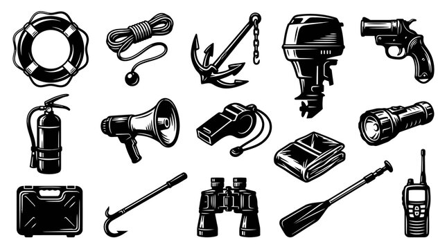Boating Safety and Marine Equipment Icons Set, Black  White Vintage Engraving Style