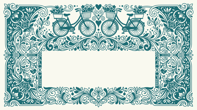 Scandinavian Bicycle Frame Vector with Symmetrical Teal Basket Scrolls