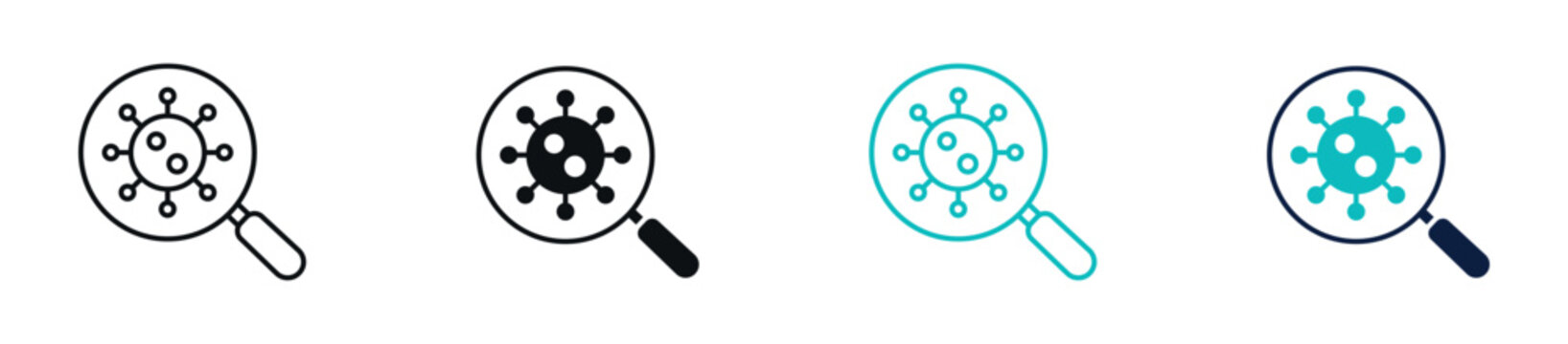 Virus detection icon set, magnifying glass search and analysis concept in line and solid style. vector illustration.