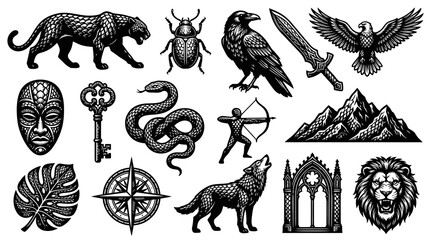 Obraz premium Black White Vintage Engraving Illustrations Set: Diverse Nature, Animal, Fantasy, and Symbolic Elements