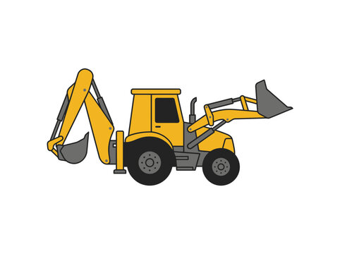 Industrial Yellow Backhoe Loader Vector Illustration, Heavy Duty Excavator and Front Loader Construction Equipment Isolated on White Background for Engineering