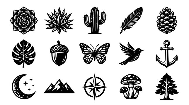 Nature  Outdoor Lifestyle Vector Icons Collection - Black and White Stylized Bohemian  Travel Elements