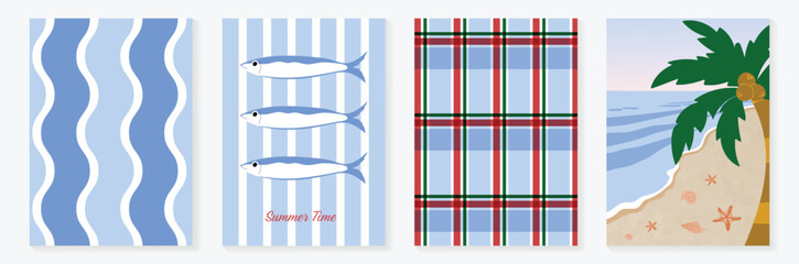 Obraz premium Minimal marine summer poster and pattern set vector. Hand drawn blue wave, beach chair, plaid textile and tropical island background design for video template, banner, coastal ads.