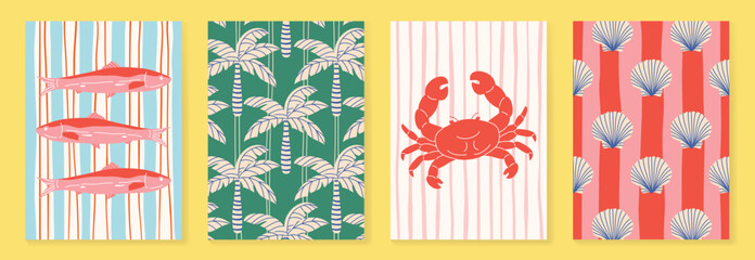 Summer seafood poster and pattern set vector. Hand drawn sardine fish, tropical palm, crab and shell background design for video template, banner, beach ads.