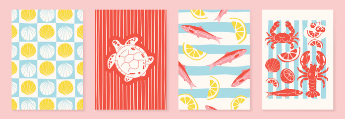 Obraz premium Cute summer beach poster and seamless pattern set vector. Hand drawn lemon, turtle, surfboard and lobster background design for video template, banner, travel ads.
