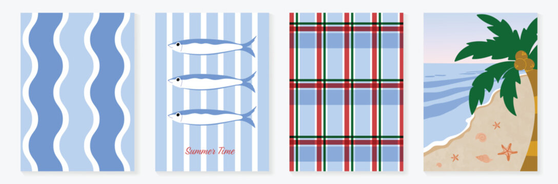 Minimal marine summer poster and pattern set vector. Hand drawn blue wave, beach chair, plaid textile and tropical island background design for video template, banner, coastal ads.