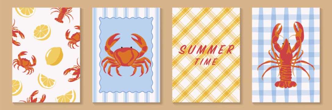Retro summer seafood poster and pattern set vector. Hand drawn crab, lemon, lobster and gingham background design for video template, banner, restaurant ads.