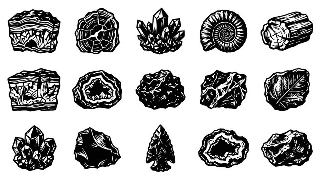 Geology Natural Science Black  White Line Art Set: Minerals, Crystals, Rocks, Fossils, Geodes  Arrowhead Icons