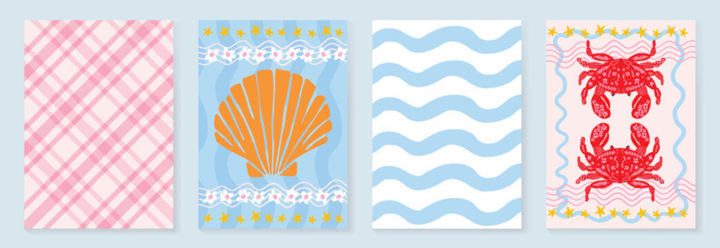 Pastel marine poster and pattern set vector. Hand drawn plaid, shell, blue wave and lobster card background design for video template, banner, coastal ads.