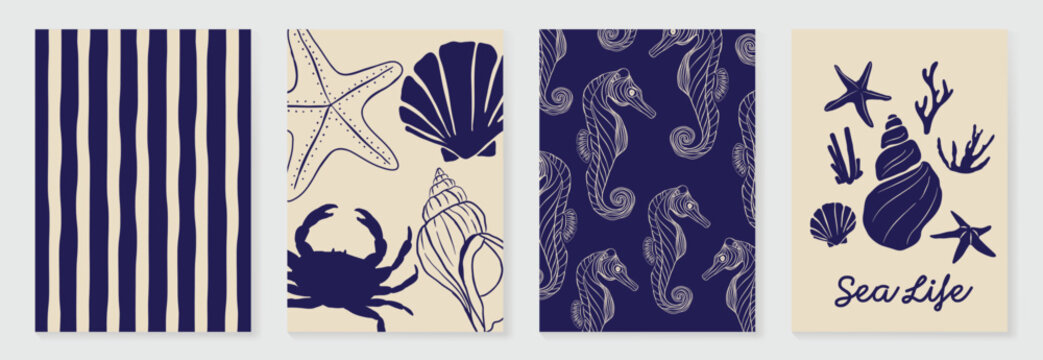 Navy marine sea life poster and pattern set vector. Hand drawn stripe, crab, shell, starfish and seahorse background design for video template, banner, coastal ads.
