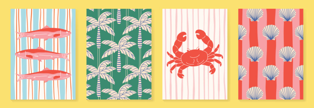 Summer seafood poster and pattern set vector. Hand drawn sardine fish, tropical palm, crab and shell background design for video template, banner, beach ads.