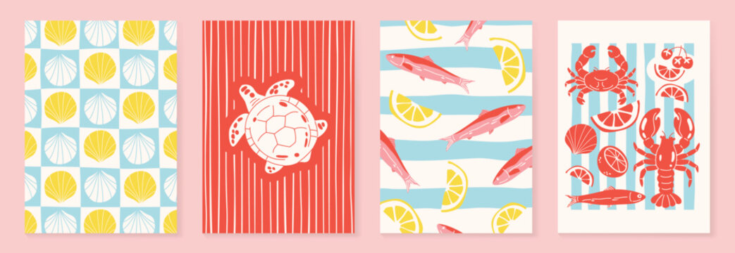 Cute summer beach poster and seamless pattern set vector. Hand drawn lemon, turtle, surfboard and lobster background design for video template, banner, travel ads.