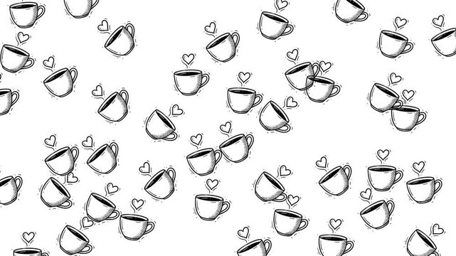 Looping coffee themed doodle icon pattern with cups and beans, dynamic motion background ideal for social posts, ads, and digital branding use.