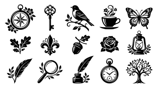 Vintage Decorative Icons: Compass, Key, Bird, Butterfly, Rose, Tree