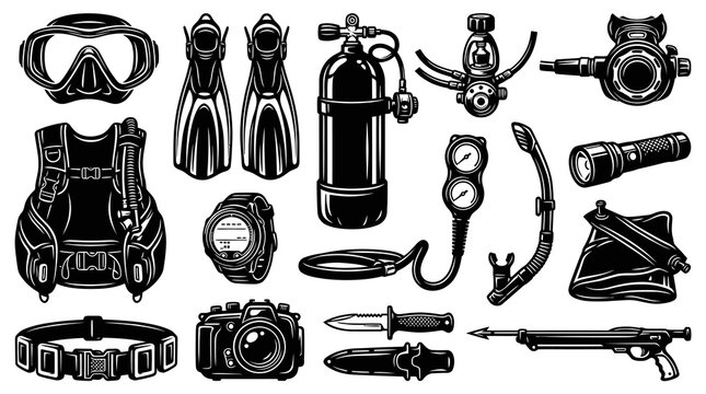 Black and White Line Art Vector of Scuba Diving Gear and Equipment