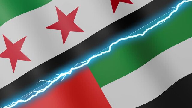 Two waving flags Syria and United Arab Emirates with diagonal lightning seamless, 4k loop
