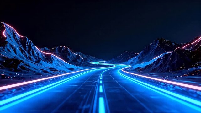 Futuristic glowing road through mountains