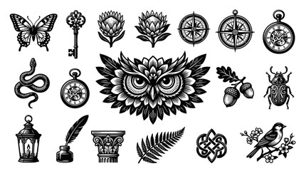 Obraz premium Black and White Tattoo Style Illustrations: Owl, Butterfly, Snake, Key, Compass, Clock, Lantern