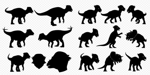 Collection of various dinosaur silhouettes, including Pachycephalosaurus, Triceratops, and other prehistoric creatures, isolated on a transparent background. © Akun