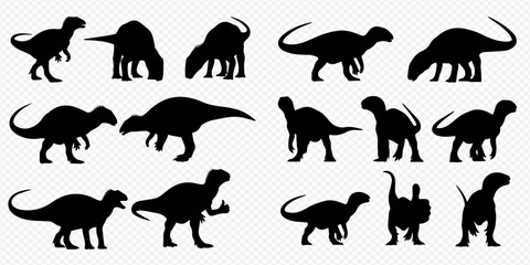 Set of various dinosaur silhouettes in different poses on a transparent background. © Akun