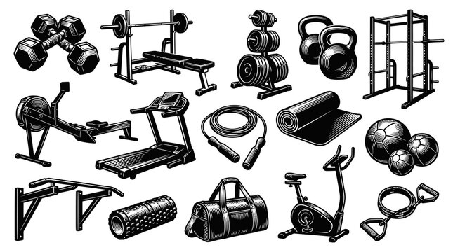 Fitness Equipment Vector Set: Gym Machines, Weights, Accessories, Black and White Line Art