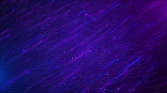 Purple digital wave background with flowing neon lines, blue highlights, tiny particles, abstract network texture. for AI videos, music visuals, tech promos, data motion, and futuristic overlays.
