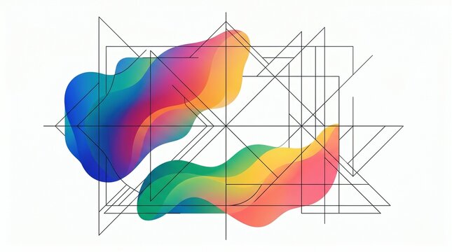 Abstract Fluid Art with Geometric Lines and Rainbow Colors on White Background