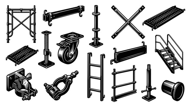 Construction Scaffolding Parts and Equipment Black and White Line Art Engraved Vector Set