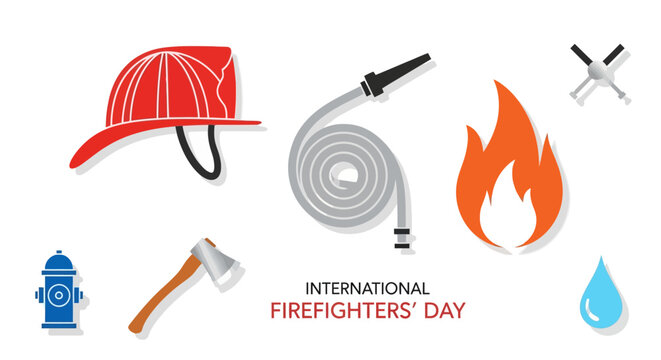 Vector illustration celebrating International Firefighters' Day, showcasing essential rescue equipment like helmet, hose, and axe with fire and water symbols