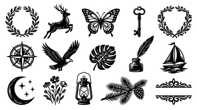 Black and White Icons: Deer, Butterfly, Eagle, Compass, Boat, Key, Feather, Lantern, Flowers, Moon, Wreath, Leaf, Pine Branch, Ornate Frame