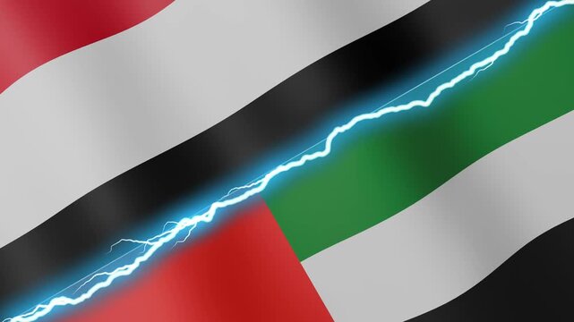 Two waving flags Yemen and United Arab Emirates with diagonal lightning seamless, 4k loop