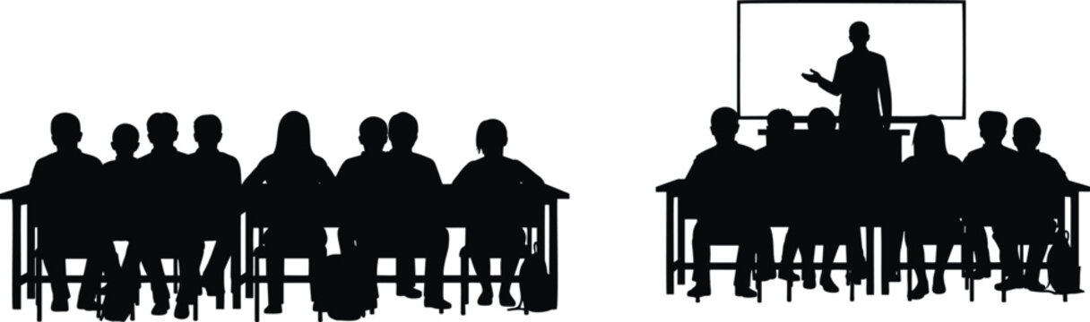 Lecture hall silhouette vector illustration people sitting at desks listening to speaker.