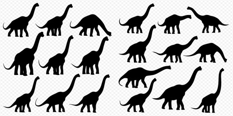 Collection of various dinosaur silhouettes, including long-necked brontosaurus and other prehistoric creatures, on a transparent background. © Akun