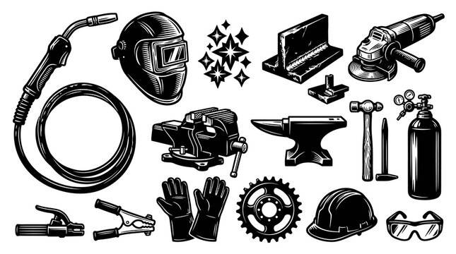 Black and White Line Art Engraving of Welding and Metalworking Tools  Safety Equipment Set. Vintage Industrial Fabrication Gear Vector.