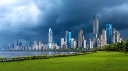 Obraz premium Urban skyline of modern skyscrapers under dramatic stormy clouds by a waterfront at dusk