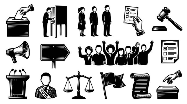 Election Voting Icons Set - Black and White Line Art Graphics