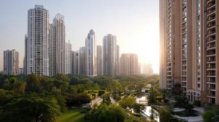 Fototapeta premium Urban Landscape with Skyscrapers and Green Parks at Sunset in a Modern City Setting