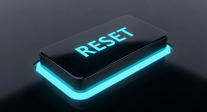 Glowing blue neon 'Reset' button with futuristic illuminated edge on dark textured background