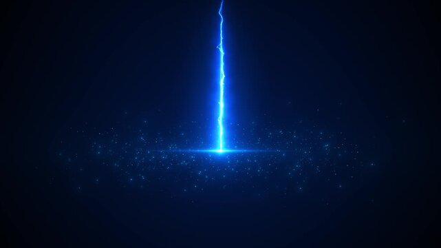 Blue energy lightning strike background vertical electric beam, glowing impact point, dark space, scattered particles. sci fi videos, power effects, game intros, magic scenes, and cinematic overlays.
