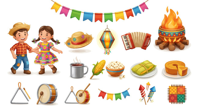 Cartoon mexican festival elements with children and musical instruments