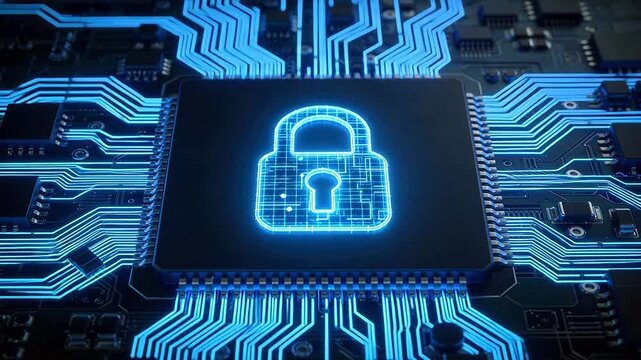 Circuit board with glowing lock symbol