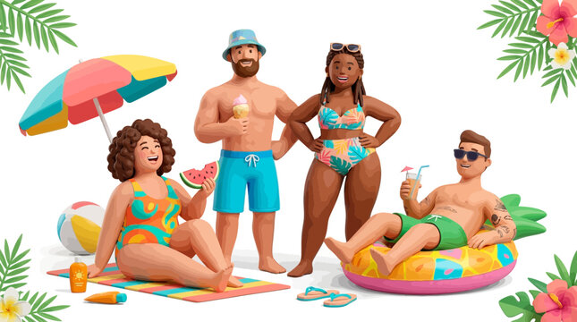 Group of people enjoying a day at the beach with colorful accessories