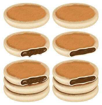 Korean winter snack set with sweet hotteok griddlecakes, bitten pancake showing brown sugar filling and stacked pancakes, isolated PNG on transparent background